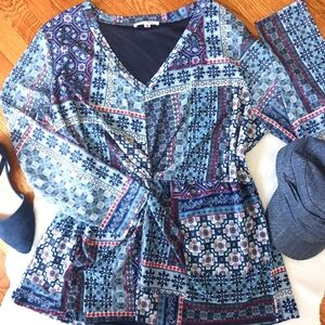 Daily Thread • Women's Plus Size Boho Patchwork Long Sleeve V-Neck Blouse